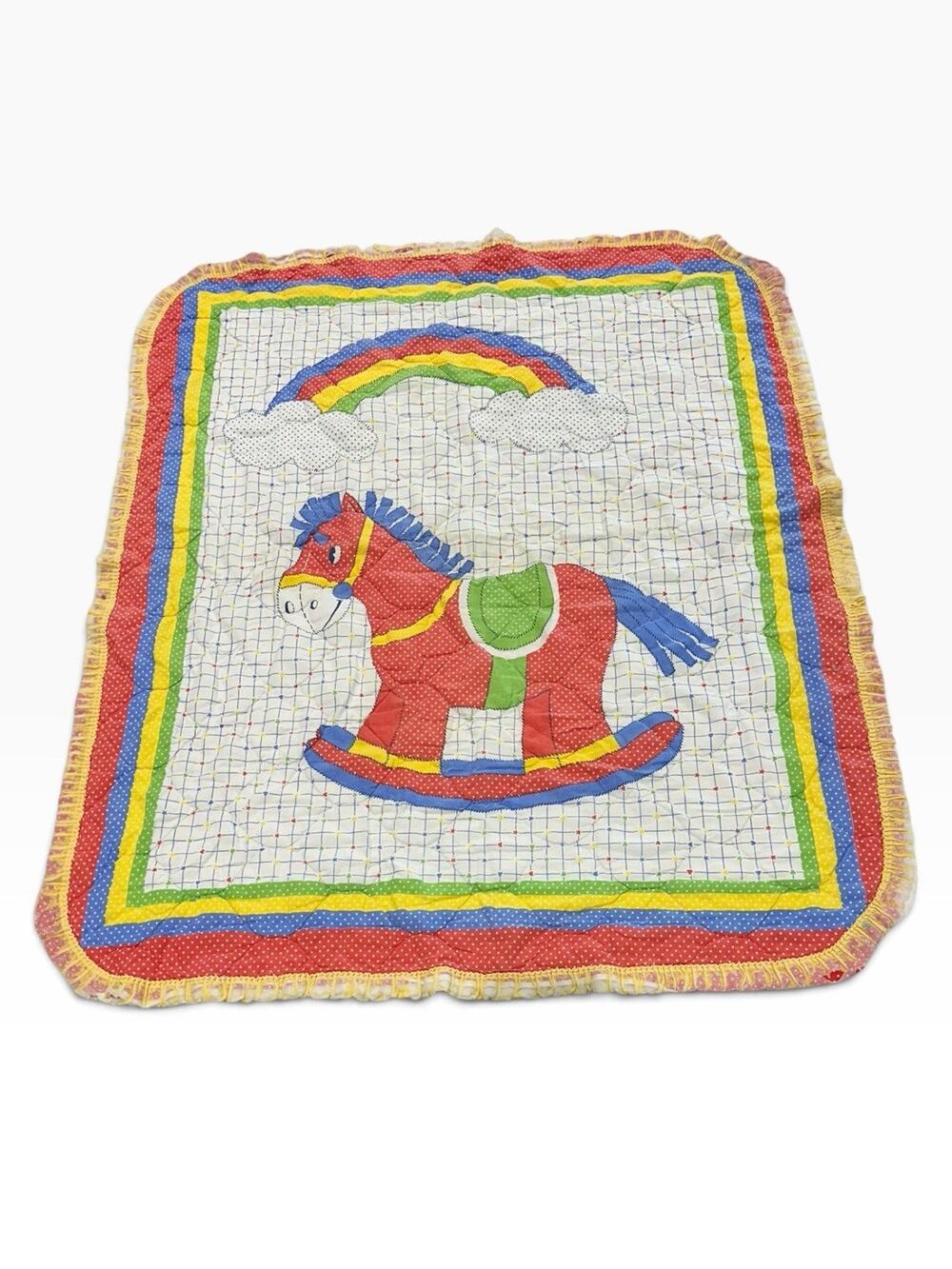 Vintage Noah’s Ark Baby Quilt Blanket 36x24 Nursery Animals Rainbow Ruffle Trim